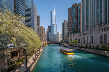 A scenic cityscape showcases a river flowing between towering buildings under a clear blue sky. A yellow boat travels on the water. The composition highlights architectural details and natural elements, offering a sense of urban environment. Suitable for commercial projects or editorial use related to travel and architecture.の素材