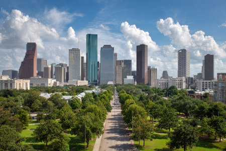 An overhead view reveals a cityscape of diverse architectural structures reaching towards a partly cloudy sky. The composition emphasizes a central road lined with green trees. This image showcases a bright day with a focus on urban development, ideal for various commercial and illustrative projects.の素材