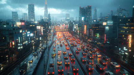 This image presents a wide view of a cityscape at dusk or nighttime. A multilane highway is filled with cars, with city buildings and lights in the background. The scene showcases a dark color palette. Ideal for general use in commercial or editorial contexts.の素材