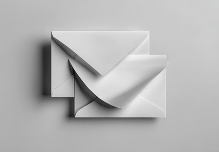 Two white envelopes are depicted against a soft grey background. The lighting is diffused, casting subtle shadows and highlighting the texture of the paper. The composition is simple, with an overhead perspective. This imagery could be employed in various design contexts, including presentations, advertising, or branding materials.の素材