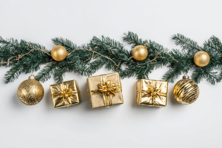 Gold wrapped presents and decorative ornaments adorn a festive garland. The composition shows the arrangement against a white backdrop. The lighting highlights the textures and shapes, suggesting a holiday theme. Suitable for commercial applications, the image could illustrate celebrations and seasonal events.の素材