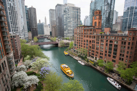 An aerial perspective showcases a river winding through a dense urban environment. The scene reveals a mix of architectural styles, with boats navigating the water. Natural elements, such as trees, contrast with the constructed environment, under overcast lighting. Suitable for use in various commercial and editorial contexts.の素材