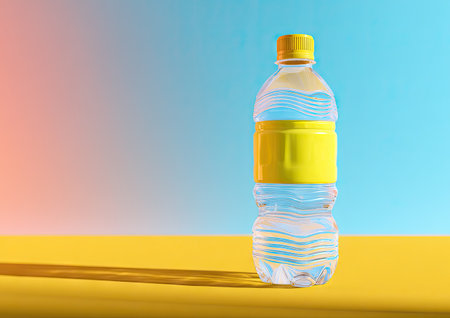 A transparent water bottle is positioned on a yellow surface with a gradient background that shifts from pink to blue. The image showcases the bottle's design and form, utilizing directional lighting. Suitable for advertising, product promotions, and visual content, the composition highlights the subject against the minimalist background.の素材