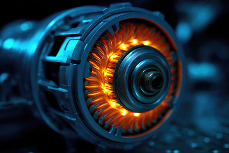 This image showcases a detailed view of a mechanical component, likely from machinery. Its composition highlights a circular design with orange and yellow illuminated internals contrasting against blue tones. The close-up perspective and lighting suggest industrial or technical applications, suitable for commercial or editorial use.の素材