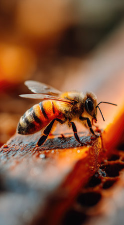 This image presents a detailed view of a bee perched on a section of honeycomb. The scene is illuminated by warm, golden light, enhancing the textures of the bee and the comb. This style could be used for various commercial projects related to nature, insects, or honey production.の素材