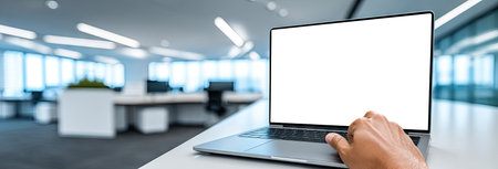 A close-up shot depicts a hand interacting with a laptop featuring a blank screen. The scene is set in a modern office, characterized by a bright, open space. The composition emphasizes the device and the action. This image is suitable for various commercial uses, including website design and marketing materials.の素材