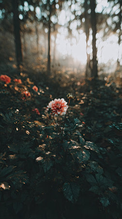 A single flower is the focal point, its pink petals contrasted against the deep green foliage. The scene is bathed in sunlight, creating a soft, warm glow and bokeh effect. The image's shallow depth of field, natural lighting, and color palette make it ideal for various commercial and editorial projects, particularly those related to nature or beauty.の素材