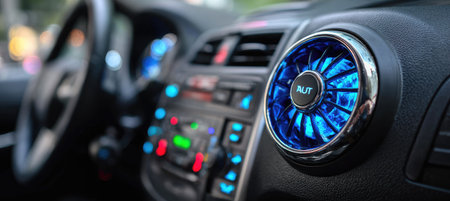 This image showcases the interior of a vehicle, focusing on the dashboard details. The composition highlights a glowing air freshener, surrounded by various buttons and control panels. The scene uses selective focus, presenting a modern and functional aesthetic. This image would be ideal for illustrating automotive technology, vehicle interiors, and design concepts.の素材