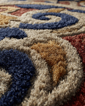 A close-up view displays a rug featuring an abstract design. The pattern incorporates swirls and various shapes, using a combination of colors including blue, brown, red, and yellow. The texture appears soft and plush, offering potential for decorative uses, design projects, and interior themes.の素材