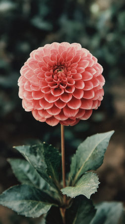 A close-up image presents a fully bloomed coral dahlia flower, showcasing detailed petals. The composition includes green leaves and a blurred, dark background. The lighting is soft, emphasizing the flower's texture and color. Suitable for various commercial and editorial applications, this image offers versatility.の素材