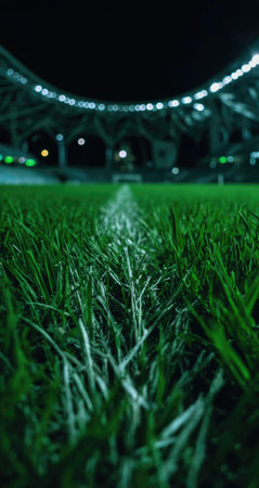 A close-up shot captures the vivid green of a football field's grass, highlighted by a white boundary line. The scene is illuminated by the overhead lights of a stadium, suggesting a night setting. The composition emphasizes textures and colors, suitable for editorial and commercial applications.の素材