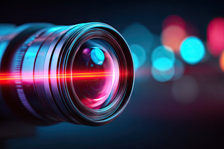 This image presents a detailed close-up of a camera lens, exhibiting a sleek, technological aesthetic. A striking red laser beam intersects the lens, set against a blurred background of vibrant bokeh lights. The composition and lighting create a modern feel, suitable for creative projects and visual content.の素材