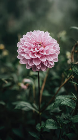 A close-up captures a vibrant pink Dahlia flower in full bloom. The petals display a layered texture and gradient hues against a blurred green backdrop. The natural lighting highlights the flower's delicate details. This image is suitable for use in various editorial and commercial applications.の素材