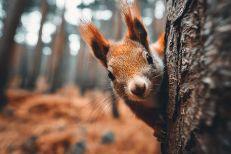 A curious squirrel is partially concealed behind a tree in a woodland setting. The image showcases the animal's fur in warm tones, with blurred trees and foliage in the background. The composition suggests an intimate moment with wildlife, suitable for nature-themed projects or editorial content.の素材