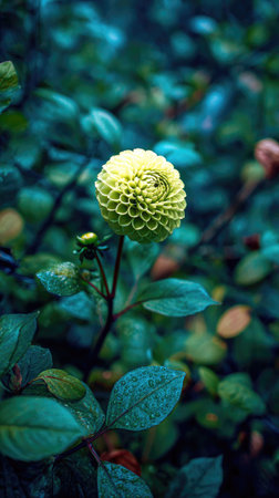 A close-up captures a bright yellow flower with a detailed, intricate texture. The flower is set against a backdrop of lush, deep green leaves and foliage. The image employs soft lighting, enhancing the colors and details, potentially suitable for editorial content or commercial applications related to nature and beauty.の素材