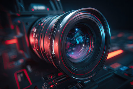 A close-up shot presents a camera lens, exhibiting intricate details and a polished aesthetic. The scene is dominated by dark tones with accents of red and blue, possibly suggesting technological aspects. The image appears to be created in a studio setting, suitable for applications in media, advertising, or related fields.の素材