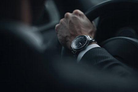 A close-up captures a person's hand gripping a steering wheel. The scene showcases a wristwatch and part of the suit. The lighting emphasizes shadows and contrasts against the skin. Suitable for visuals related to business, time management, or automotive themes, as well as editorial purposes.の素材