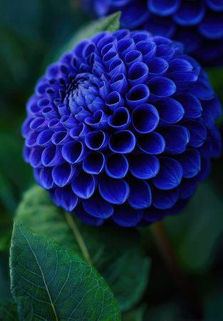 A striking close-up showcases a deep blue dahlia flower with intricately layered petals. The vibrant bloom is set against blurred green leaves, creating a high-contrast composition. The image's lighting emphasizes the flower's texture and color, suitable for use in various visual projects, including design or editorial content.の素材