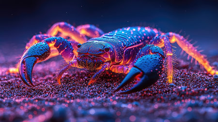 A close-up image showcases a scorpion with vibrant, glowing colors. The arthropod is positioned on a dark, textured surface, possibly sand or gravel. The composition highlights the scorpion's details with contrasting hues. This image could be utilized for various commercial and editorial projects requiring striking visuals.の素材