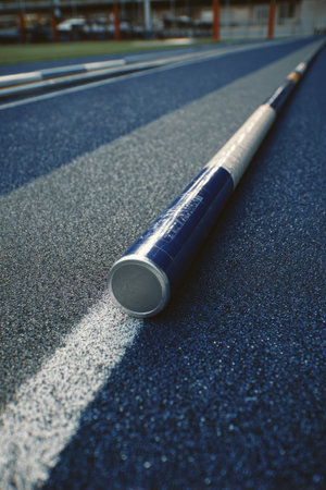 The image features a close-up perspective of a pole vaulting pole lying on a textured track surface. The pole has a cylindrical shape with colors of white and blue. The track surface has markings and is primarily blue, creating a sports-related atmosphere. Suitable for sports-themed illustrations or editorial use.の素材