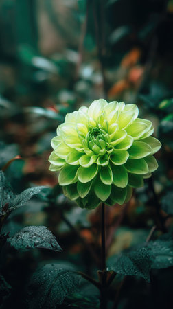 A close-up captures a bright green flower in full bloom, showcasing intricate petal textures. The composition includes a blurred, dark green foliage background, providing a contrasting backdrop. The image likely suits various applications, including botanical illustrations, decorative designs, or content related to natural beauty.の素材