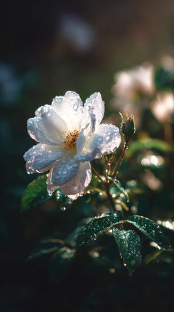 This image showcases a delicate white flower, its petals adorned with glistening water droplets. The vibrant green leaves provide a contrasting backdrop, while soft sunlight illuminates the scene. Suitable for a range of uses, this photograph emphasizes natural beauty and detail.の素材