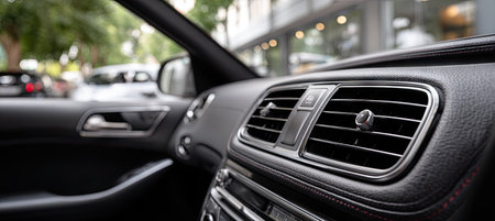 A detailed shot showcases a car's interior, specifically the dashboard and air conditioning vent system. The image highlights a dark interior, featuring sleek textures and metallic accents. The environment suggests an urban or commercial setting, suitable for illustrating automotive design or transportation themes. The image may be used for marketing materials or editorial content.の素材