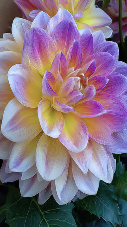 This close-up showcases a dahlia flower with layered petals. The vibrant blooms display a gradient of colors, including purple, yellow, and white, creating a visually appealing aesthetic. The image highlights textures and form, possibly suitable for nature-themed design projects and editorial content.の素材