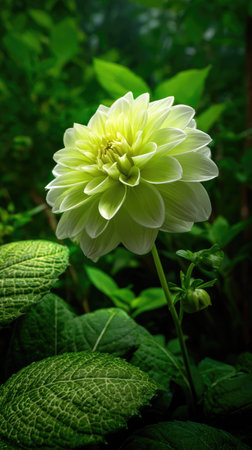 A close-up captures a bright yellow and white dahlia blossom. The flower is set against a backdrop of deep green leaves and foliage, creating contrast. The soft focus and natural lighting suggest an outdoor setting. This image could be used for various commercial projects related to nature or botany.の素材