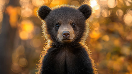 A close-up captures a black bear cub in a forest setting. The bear has dark fur, a lighter muzzle, and attentive eyes. The image features a shallow depth of field, with soft-focus bokeh in warm tones of gold and amber. The photograph is likely suitable for editorial and commercial applications.の素材
