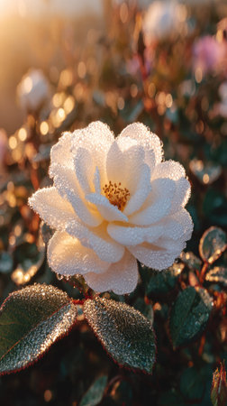 A close-up view presents a pristine white flower, adorned with delicate water droplets. The soft petals contrast with the dark green leaves. The composition is bathed in warm, golden sunlight creating a serene environment. This image is suitable for various commercial uses, including artistic and botanical themes.の素材