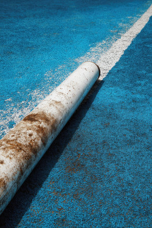 A close-up captures a cylindrical, weathered object resting on a blue surface marked with a white stripe. The object exhibits brown stains, contrasting with the clean white line. The composition features a textured background and likely daytime lighting, suggesting potential applications in design or illustrative projects.の素材