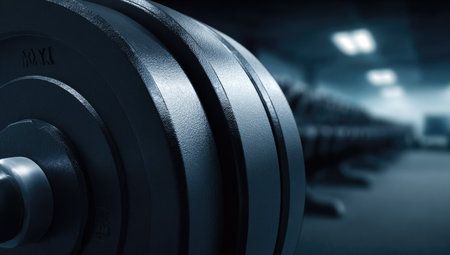 The image showcases a close-up view of a barbell in a gym setting, with blurred weights in the background. The scene presents metallic textures with soft lighting, creating a sense of depth and focus on the equipment. This image could be suitable for fitness articles, health and wellness publications, or any visual content related to exercise.の素材