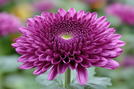 A detailed image presents a blossoming purple chrysanthemum. The flower displays layered petals radiating from a central point, showcasing a complex texture. The composition utilizes a shallow depth of field, with soft green tones in the background, suggesting a natural outdoor setting, suitable for various editorial and commercial applications.の素材