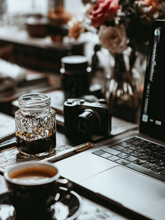 A dark, moody composition features a coffee cup, camera, and laptop on a wooden table. A glass jar and a vase of flowers are also present. The scene is illuminated by soft lighting, and it conveys a sense of creative work and relaxation. Suitable for design projects or lifestyle themes.の素材