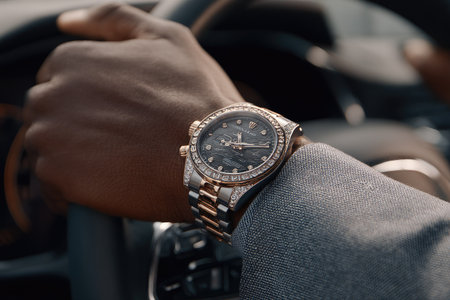 A close-up view presents a person's wrist adorned with a wristwatch while the person is driving a vehicle. The watch features a dark face, diamonds, and metallic accents. The overall composition suggests an interior setting with natural lighting. This image could be suitable for lifestyle, fashion, or commercial projects.の素材
