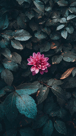 A striking close-up showcases a solitary pink flower at the center, set against a backdrop of deep green foliage. The leaves exhibit a textured surface, and the composition uses selective focus. This image could be suitable for various design projects, including editorial features or marketing visuals.の素材