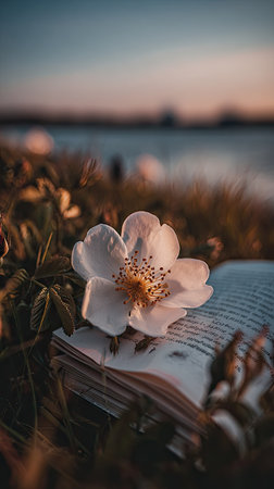 A close-up captures a white flower delicately placed on an open book, its pages visible. The composition employs a shallow depth of field, blurring the background which reveals a waterfront and sky. Warm colors dominate, suggesting a sunset or sunrise, with natural lighting. Suitable for artistic or lifestyle illustrations.の素材