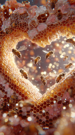 This image showcases bees flying within a honeycomb structure shaped like a heart, with warm colors. The composition highlights the honeycomb cells and the insects, suggesting activity. The soft focus and bokeh effects create a dreamy, natural environment. It is suitable for diverse commercial uses, including presentations or editorial content.の素材