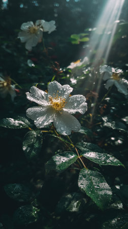 A close-up captures a white flower adorned with water droplets, set against a dark, natural background. The scene is illuminated by strong sunlight beams. This composition, with its rich textures and depth, could be suitable for various editorial and commercial applications.の素材