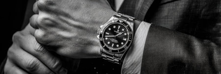 A grayscale close-up shows a person's wrist wearing a wristwatch, likely indoors. The image features a suit sleeve and the watch, emphasizing detail and texture. Composition focuses on craftsmanship and design, suitable for promotional material. It has potential for advertising or editorial content.の素材