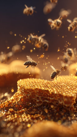 This image showcases numerous bees in flight around a segment of honeycomb. The scene displays warm colors with highlights and shadows. The composition features an aerial perspective, suggestive of an outdoor setting. Suitable for various creative and commercial applications.の素材