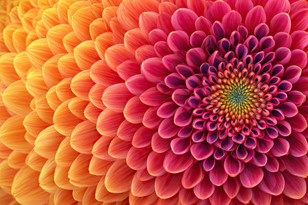 This macro photograph showcases a flower in full bloom, featuring a detailed view of its petals. The petals display a gradient of colors, transitioning from orange to pink. The composition highlights the flower's intricate details, texture and symmetry. This image is suitable for a variety of creative and commercial applications.の素材