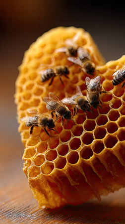 This image presents bees interacting with a section of honeycomb. The focus is on the intricate hexagonal cells, displaying warm yellow and brown tones. Soft lighting accentuates the texture, with a shallow depth of field. Suitable for various projects, it can be used for editorial purposes.の素材