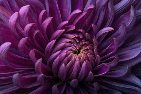 This close-up image showcases a striking purple chrysanthemum flower. The petals display a range of shades, from deep violet to lighter hues, creating a sense of depth and texture. The composition emphasizes the flower's intricate details, possibly suitable for various design projects or editorial applications.の素材