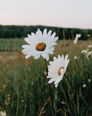 Two daisy flowers are the focal point, showcasing bright white petals and a yellow center. Set in a field with green grass, the composition utilizes natural lighting, suggesting an outdoor environment. The image evokes a sense of freshness suitable for editorial content or various commercial applications.の素材