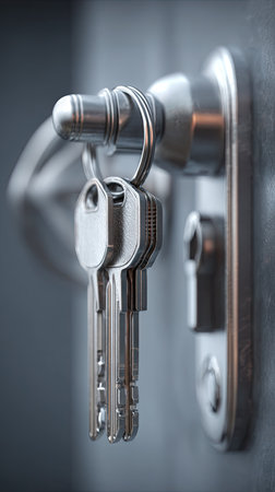The image features a close-up view of keys hanging from a metallic door handle. The composition highlights the silver color and textured surface. The scene is illuminated by soft lighting, creating a sense of depth and focus. This picture could be suitable for various commercial purposes, including illustrations about security and access.の素材