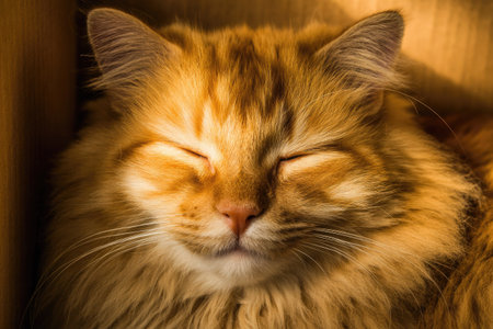 A ginger cat with fluffy fur rests with its eyes closed, bathed in warm light. The image features a close-up composition, focusing on the cat's face and fur texture. The warm colors and gentle lighting suggest a comfortable indoor setting. Suitable for various editorial and commercial applications related to pets and domestic animals.の素材
