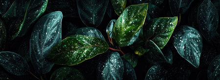 This image showcases an overhead view of vibrant green leaves, with water droplets, against a dark background. The detailed texture and lighting create a dramatic visual effect. Suitable for various design projects, this image can be used for commercial and editorial purposes related to nature and beauty.の素材