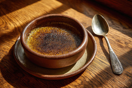A close-up captures a creme brulee dessert in a ceramic bowl, alongside a spoon, on a wooden surface. The composition showcases warm tones, with shadows adding depth. It suggests an indoor setting with natural lighting. This image is suitable for culinary, restaurant, or food-related commercial applications.の素材